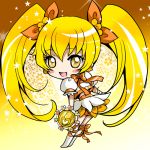  bike_shorts blonde_hair blush_stickers boots chibi cure_sunshine heartcatch_precure! instrument k-zima long_hair looking_back magical_girl myoudouin_itsuki no_nose precure puffy_sleeves shiny_tambourine shorts_under_skirt skirt smile solo star tambourine twintails wrist_cuffs yellow yellow_background yellow_eyes 