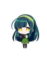  1girl absurdres ahoge black_thighhighs blunt_bangs book bright_pupils brown_shoes chibi chibi_only closed_mouth edomura_niniko full_body green_hair green_hairband green_sailor_collar green_skirt hairband highres holding holding_book long_hair long_sleeves official_art open_book pleated_skirt sailor_collar school_uniform second-party_source serafuku shirt shoes simple_background skirt smile solo standing thigh-highs touhoku_zunko transparent_background very_long_hair voiceroid white_pupils white_shirt yellow_eyes zettai_ryouiki 