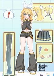  ! >_< 1girl :o alternate_hair_length_(longer) alternate_hairstyle bandaid belt black_boots black_leg_warmers black_sailor_collar black_skirt black_sleeves blonde_hair blue_eyes boots bow commentary_request cursor detached_sleeves food fruit full_body hair_bow hair_ornament hairclip headphones highres kagamine_rin leg_warmers long_hair looking_at_viewer microphone midriff navel neckerchief open_mouth orange_(fruit) parallel_hairclips sailor_collar shirt shoes short_hair skirt sleeveless sleeveless_shirt speech_bubble spoken_exclamation_mark thigh_boots twintails vocaloid white_bow white_shirt white_shoes yellow_belt yellow_nails yellow_neckerchief yellow_trim yukitaroooo 