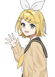  1girl alternate_costume aqua_eyes black_sailor_collar blonde_hair bow breasts brown_cardigan cardigan commentary hair_bow hair_ornament hairclip kagamine_rin looking_at_viewer neckerchief open_cardigan open_clothes open_mouth parallel_hairclips rainy_3743 sailor_collar short_hair simple_background small_breasts smile untranslatable_commentary vocaloid waving white_background white_bow yellow_neckerchief yellow_trim 