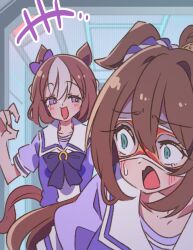  2girls among_us animal_ears blue_eyes blush bow bowtie braid breasts brown_hair commentary_request crazy_smile domino_mask ear_bow ear_ribbon ear_scrunchie el_condor_pasa_(umamusume) evil_smile eye_mask hair_between_eyes half_up_braid honkawa_works horse_ears horse_girl horse_tail long_hair mask multicolored_hair multiple_girls open_mouth pakatube ponytail puffy_short_sleeves puffy_sleeves purple_bow purple_bowtie purple_shirt sailor_collar sailor_shirt school_uniform shaded_face shirt short_hair short_sleeves smile special_week_(umamusume) sweatdrop tail tracen_school_uniform two-tone_hair umamusume violet_eyes white_hair white_sailor_collar 