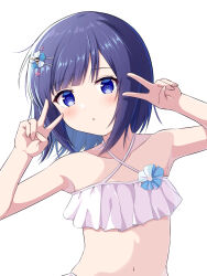  1girl :o bikini blue_eyes blue_flower blue_hair blush bob_cut collarbone commentary_request double_v flower flower_hairclip fuiba_fuyu gochuumon_wa_usagi_desu_ka? highres kec_(kc0611) looking_at_viewer midriff short_hair simple_background solo stomach swimsuit upper_body v v_over_head white_background white_bikini 