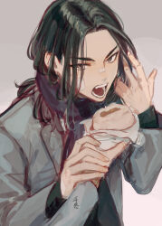  2boys baji_keisuke black_hair feeding food hand_in_own_hair holding holding_food kota_uro long_hair male_focus matsuno_chifuyu multiple_boys open_mouth pov pov_hands solo_focus tokyo_revengers translation_request unfinished upper_body 