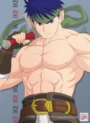  1boy abs blue_eyes blue_hair character_name closed_mouth commentary company_name copyright_name english_commentary fire_emblem fire_emblem:_radiant_dawn green_headband headband highres ike_(fire_emblem) large_pectorals male_focus muscular muscular_male nipples over_shoulder pectorals short_hair simple_background solo topless_male weapon weapon_over_shoulder zephleit 