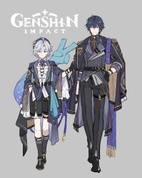  2boys absurdres ahoge alternate_costume belt black_belt black_gloves black_pants black_shorts black_socks blue_hair bow bowtie closed_mouth clothing_cutout collared_shirt commentary english_text frilled_sleeves frills full_body garter_belt genshin_impact gloves hair_between_eyes hair_intakes hand_in_pocket hand_on_another's_arm hand_on_own_hip hand_up hat height_difference highres jacket jacket_on_shoulders logo long_sleeves mitya_(genshin_impact) multiple_boys necktie pale_skin pants papajay_(jennygin2) purple_hair red_necktie shirt shoes short_hair shorts single_hair_intake sketch socks untranslatable_commentary v valeriy_(genshin_impact) violet_eyes 
