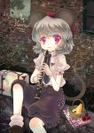  animal_ears basket blush cheese clarinet flower instrument iris_anemone mouse_ears mouse_tail nazrin pants red_eyes rose short_hair silver_hair solo tail touhou 