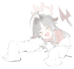  1girl :d absurdres ahoge black_hair blue_archive blush coat collared_shirt commentary demon_girl demon_horns demon_tail fang hair_intakes halo highres honi_(honi1010) horns huge_ahoge kasumi_(blue_archive) lab_coat long_hair long_sleeves looking_at_viewer lying on_side open_clothes open_coat open_mouth parted_bangs red_halo red_shirt shirt sidelocks simple_background sketch skin_fang sleeves_past_fingers sleeves_past_wrists smile solo tail upper_body white_background white_coat yellow_eyes 