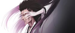  1boy 1girl anno_im black_hair bleach bleach:_sennen_kessen-hen commentary_request gradient_hair japanese_clothes kusajishi_yachiru multicolored_hair purple_hair scar scar_across_eye scar_on_face scar_on_lip unohana_retsu wide_sleeves zaraki_kenpachi 