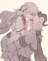  2girls absurdres armband black_armband black_bow black_gloves black_horns black_pants blush bow carrying carrying_person curled_horns gloves hands_on_another's_hips hands_on_another's_thighs harness high-waist_pants highres horns jacket jacket_on_shoulders kiss kissing_forehead multiple_girls pants pantyhose phoebe_(wuthering_waves) shirt_tucked_in skirt smile white_pantyhose white_skirt wuthering_waves yuri yuutama2804 zani_(wuthering_waves) 