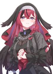  1girl bird_wings black_dress black_streaks blue_gem braid breasts capelet commentary crossed_bangs dress earrings fuusuke_(fusuke208) gem grey_capelet hair_between_eyes head_wings highres jewelry konkon_aria konkon_aria_(1st_costume) large_breasts light_blush long_hair long_sleeves looking_at_viewer multicolored_hair nail_polish neo-porte own_hands_together parted_lips red_hair red_nails see-through_cleavage see-through_clothes simple_background solo streaked_hair twitter_username untranslatable_commentary violet_eyes virtual_youtuber white_background wings 