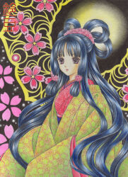  1girl black_eyes black_hair blue_sash cherry_blossoms colored_pencil_(medium) floral_background flower green_kimono hair_flower hair_ornament hair_ribbon japanese_clothes kimono layered_kimono long_hair long_sleeves looking_ahead low-tied_long_hair obi original parted_lips pink_flower red_kimono ribbon sash sleeves_past_fingers sleeves_past_wrists solo suzumame traditional_media upper_body very_long_hair 