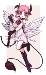  1girl arrow_(projectile) boots butter_run commentary_request crossbow curly_hair feathered_wings heart hexagram highres holding holding_arrow holding_crossbow holding_weapon horns leaf love_me_ren-ren magical_girl mahou_shoujo_ikusei_keikaku mahou_shoujo_ikusei_keikaku_breakdown open_mouth pink_hair pointy_ears short_hair smile tail thorns violet_eyes weapon white_wings wings 