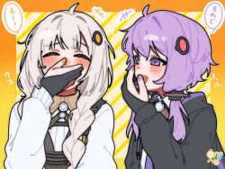  2girls :d ^_^ ahoge black_gloves black_jacket blush border braid closed_eyes collared_shirt commentary_request diagonal-striped_background double-parted_bangs gloves gradient_border hair_between_eyes hair_intakes hair_ornament hand_up highres hinohari_(user_wzxk7585) jacket kizuna_akari long_hair long_sleeves multiple_girls nail_polish open_clothes open_jacket open_mouth orange_border orange_nails outside_border partially_fingerless_gloves purple_hair purple_nails shirt short_hair_with_long_locks smile speech_bubble striped_background translation_request twin_braids two-tone_border upper_body violet_eyes vocaloid voiceroid white_hair white_shirt yellow_background yellow_border yuzuki_yukari 