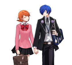  1boy 1girl absurdres arknights bag belt belt_buckle black_bag black_jacket black_pants black_skirt blue_hair bow bowtie brown_bag brown_belt brown_hair buckle cardigan charm_(object) choker closed_eyes closed_mouth collared_shirt commentary couple cowboy_shot cup digital_walkman disposable_cup earphones_removed earrings english_commentary facing_another flipped_hair gekkoukan_high_school_uniform hair_over_one_eye hetero highres holding holding_bag holding_cup holding_hands jacket jewelry long_sleeves loose_bowtie mp3_player neck_ribbon open_clothes open_jacket pants parted_lips persona persona_3 persona_3_reload pink_cardigan pleated_skirt red_bow red_bowtie ribbed_cardigan ribbon school_bag school_uniform shirt short_hair shoulder_bag skirt smile stud_earrings takeba_yukari tonyrg33 variant_set white_background white_choker white_shirt wing_collar yuuki_makoto_(persona_3) 