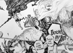  2boys absurdres all-black_the_necrosword chronozbergh cloak commentary english_commentary english_text gorr_the_god_butcher greyscale highres holding holding_sword holding_weapon marvel marvel_rivals monochrome multiple_boys speech_bubble sword tagme thor_(marvel) weapon 