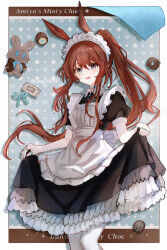  1girl absurdres alternate_costume amiya_(arknights) animal_ears apron arknights black_dress blue_background blue_eyes border brown_hair chocolate choshanland_plushy_(arknights) collared_dress commentary dress english_text enmaided feet_out_of_frame frilled_apron frilled_dress frills hair_between_eyes highres holding_own_dress long_hair looking_at_viewer maid maid_apron maid_headdress ponytail puffy_short_sleeves puffy_sleeves rabbit_ears rabbit_girl short_sleeves smile solo standing stuffed_animal stuffed_rabbit stuffed_toy usagi9254 white_apron white_border 