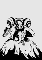  1girl absurdres arm_cannon armor assault_visor commentary english_commentary helmet highres hill looking_at_viewer metroid metroid_ravenous monochrome normal_suit_(metroid) one_eye_covered power_suit_(metroid) samus_aran science_fiction signature simple_background solo squatting thegorondorf variant_set weapon white_background 