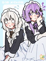  <o>_<o> 2girls absurdres ahoge alternate_costume apron black_dress blue_border blunt_bangs blush_stickers border braid closed_mouth commentary_request double-parted_bangs dress enmaided feet_out_of_frame flying_sweatdrops hair_intakes head_rest highres hinohari_(user_wzxk7585) kizuna_akari long_hair long_sleeves maid maid_headdress multiple_girls neck_ribbon o_o open_mouth outside_border purple_hair purple_ribbon ribbon short_hair_with_long_locks tearing_up twin_braids violet_eyes vocaloid voiceroid white_apron white_background white_hair yellow_ribbon yuzuki_yukari 