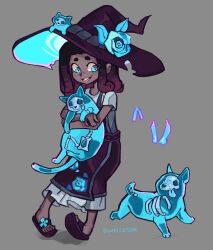  absurdres animal artist_name black_hair blue_eyes blush bumblesteak cat child dark-skinned_female dark_skin english_text flower grey_background hat highres holding leandra_grym long_hair medium_hair multicolored_hair non-web_source open_mouth original rose sandals shirt shoes short_hair simple_background witch_hat 
