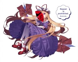  black_corset blonde_hair choker commentary_request corset dress emosk folding_fan frilled_dress frills full_body gap_(touhou) gloves hand_fan hat hat_ribbon high_heels highres holding holding_fan long_hair looking_at_viewer mob_cap pantyhose puffy_short_sleeves puffy_sleeves purple_dress red_ribbon red_shoes ribbon ribbon_choker shoes short_sleeves touhou twitter_username very_long_hair violet_eyes watermark white_gloves white_hat white_pantyhose yakumo_yukari 