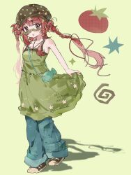  1girl akane_lize arms_at_sides bare_arms bare_shoulders blue_pants braid brown_hat closed_mouth commentary denim dress expressionless floating_hair full_body green_background green_dress grey-framed_eyewear grey_eyes hat highres jeans long_hair looking_at_viewer pants pants_under_dress red_hair semi-rimless_eyewear simple_background sleeveless sleeveless_dress solo standing stellive twin_braids twintails under-rim_eyewear virtual_youtuber yunyudayo 