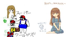  1boy 1girl blue_dress blue_eyes blunt_bangs brown_hair doodle_inset dress jaggy_lines mario original senntakuya simple_background sitting super_mario_bros. super_mushroom translation_request wariza white_background 