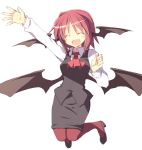  :d ^_^ alternate_hair_length alternate_hairstyle arm_up bat_wings breasts closed_eyes commentary_request dress_shirt eyes_closed head_wings high_heels koakuma long_sleeves low_wings necktie open_mouth pantyhose red_eyes red_hair red_legwear redhead satoukibi shirt shoes short_hair skirt skirt_set smile solo touhou vest waving white_background white_shirt wings 