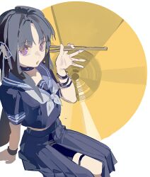  1girl awa_subaru black_choker black_hair blue_serafuku blue_shirt blue_skirt bracelet caomei_xing_quqi chinese_commentary choker commentary_request drumsticks girls_band_cry hair_ribbon hand_up holding holding_drumsticks jewelry long_hair looking_at_viewer neckerchief open_mouth parted_bangs pleated_skirt ribbon sailor_collar school_uniform serafuku shirt short_sleeves sidelocks sitting skirt solo violet_eyes white_neckerchief 