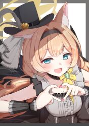  1girl :d absurdres animal_ear_fluff animal_ears black_dress black_hairband black_hat black_wrist_cuffs blue_archive blue_eyes blush border bow cat_ears cat_girl center_frills collar commentary_request dress earrings eyelashes flower four-finger_heart_hands frilled_collar frills grey_border grey_dress hair_between_eyes hair_intakes hairband halo hands_up happy hat hat_feather hat_flower heart heart_hands highres idol idol_clothes jewelry long_hair looking_at_viewer low_twintails mari_(blue_archive) mari_(idol)_(blue_archive) nail_polish official_alternate_costume open_mouth orange_hair outside_border rose sidelocks simple_background sleeveless sleeveless_dress smile solo suzubell2 top_hat twintails two-tone_dress very_long_hair white_background wrist_cuffs yellow_bow yellow_flower yellow_halo yellow_rose 
