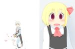  1girl ahoge arawi_keiichi_(style) ascot bell belt black_eyes blonde_hair blush glasses hair_ribbon hyadain_no_kakakata_kataomoi_-_c koji_(kohei66) kyubey long_sleeves mahou_shoujo_madoka_magica morichika_rinnosuke necktie nichijou open_mouth parody pouch red_eyes ribbon riding rumia short_hair silver_hair simple_background style_parody sweatdrop touhou youkai 