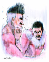  2boys absurdres artist_name black_hair blank_eyes bodysuit dynamic_pose english_commentary evil_smile facial_hair fade_(haircut) fighting grey_bodysuit highres invincible_(series) male_focus mature_male motion_lines multicolored_bodysuit multicolored_hair multiple_boys muscular muscular_male mustache omni-man quasimodox red_bodysuit short_hair simple_background smile speed_lines superhero_costume thragg_(invincible) two-tone_bodysuit two-tone_hair uppercut viltrumite_clothes white_background white_bodysuit white_hair 