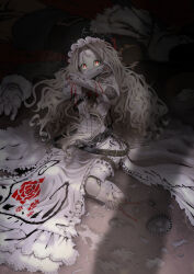  1boy 1girl albino amputee belt broken colored_skin crack curly_hair damaged doll_joints fleur_(woraya_chokitul) floral_print injury joints muted_colors original red_eyes rose_print spot_color stephano_(woraya_chokitul) torn_clothes white_hair white_skin wide-eyed woraya_chotikul 
