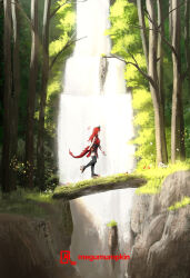  1girl artist_logo artist_name bare_shoulders bare_tree black_thighhighs bracelet breasts clothing_request day dragon_girl dragon_tail english_commentary forest geta highres japanese_clothes jewelry krita_(medium) log logo long_hair megumumpkin musical_note nature original outdoors pointy_ears profile red_hair red_tail scenery sharp_tail simple_flower sleeveless solo sunlight tail thigh-highs thighs tiara tree walking water waterfall wide_shot 