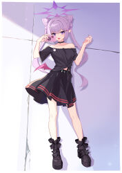  1girl absurdres alternate_costume belt black_boots black_choker black_shirt black_skirt blue_archive boots border bow-shaped_hair breasts cat_ear_smartphone_case cellphone cellphone_charm charm_(object) choker commentary_request cone_hair_bun demon_wings full_body hair_bun hair_ornament hairclip halo highres holding holding_phone karen_(blue_archive) long_hair looking_at_viewer low_wings medium_breasts midriff_peek multicolored_nails nail_polish off-shoulder_shirt off_shoulder outside_border parallel_hairclips phone pink_nails pink_wings platform_boots pleated_skirt pointy_ears purple_halo purple_nails shirt short_sleeves single_wing skirt smartphone solo standing tied_shirt twintails twintails_with_hair_base two-tone_nails violet_eyes white_border wings wuxifeng 