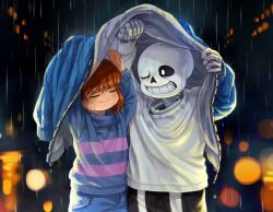  1boy 1other amber_graygamma androgynous arms_up black_shorts blue_jacket blue_sweater brown_hair city_lights closed_eyes closed_mouth commentary_request cowboy_shot denim denim_shorts frisk_(undertale) grin hood hooded_jacket improvised_umbrella jacket long_sleeves looking_at_another night no_nose one_eye_closed outdoors rain sans_(undertale) shared_improvised_umbrella shielding_another_from_rain shirt short_hair shorts skeleton smile striped_clothes striped_sweater sweater two-tone_sweater undertale utdr_(toby_fox) water_drop wet white_shirt zipper 