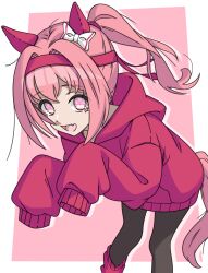  1girl absurdres animal_ears black_pantyhose bow collarbone commentary ear_bow ear_covers english_commentary fang feet_out_of_frame flower-shaped_pupils flower_in_eye ghuler hair_intakes haru_urara_(umamusume) headband highres horse_ears horse_girl horse_tail long_hair long_sleeves looking_at_viewer pantyhose pink_background pink_eyes pink_hair ponytail red_headband simple_background skin_fang sleeves_past_fingers sleeves_past_wrists smile solo symbol-shaped_pupils symbol_in_eye tail umamusume 