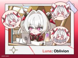  braid chibi chibi_only commentary_request drill_hair head_on_hands headgear korean_commentary luna:_oblivion_(pgr) luna_(pgr) official_art pink_eyes punishing:_gray_raven red_eyes second-party_source single_braid twin_drills twintails white_hair 