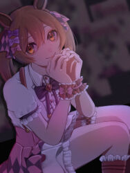  1girl animal_ears black_bow black_bowtie bow bowtie brown_eyes brown_hair closed_mouth collared_dress commentary_request dress feet_out_of_frame frilled_dress frilled_sleeves frilled_thigh_strap frilled_wrist_cuffs frills hair_bow highres horse_ears horse_girl layered_dress looking_at_viewer medium_hair multiple_hair_bows pink_dress purple_bow short_sleeves sitting smart_falcon_(love_4ever)_(umamusume) smart_falcon_(umamusume) smile solo thigh_strap twintails u4r1a3 umamusume white_dress wrist_cuffs 