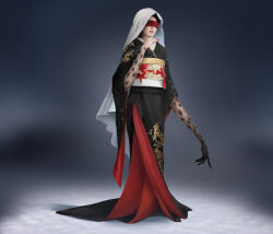  1girl anse_syen black_hair black_kimono blindfold colored_blindfold commentary dodomeki english_commentary extra_eyes full_body japanese_clothes kimono long_arms obi obiage obijime original photoshop_(medium) sash simple_background solo traditional_youkai veil 