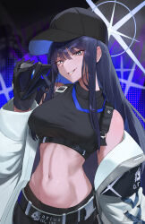  1girl absurdres armband baseball_cap black_armband black_gloves black_hair black_mask black_pants blue_archive blue_eyes blue_hair blue_halo breasts coat colored_inner_hair crop_top gloves halo hat highres large_breasts long_hair looking_at_viewer mask mouth_mask multicolored_hair navel no_mask off-shoulder_coat off_shoulder pants poopman saori_(blue_archive) smile solo stomach techwear very_long_hair white_coat 
