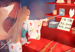  1girl aiming animal_ears animal_print brown_hair commentary_request fang fish_print goldfish_print gun highres holding holding_gun holding_weapon japanese_clothes kimono large_tail laughing leaning_forward long_hair obi open_mouth original outstretched_arm rade_(rade_552) red_eyes sash shelf signature standing star_(symbol) star_in_eye symbol_in_eye tail very_long_hair weapon wolf wolf_ears wolf_tail yukata 