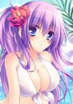  :o absurdres bikini bikini_top blue_eyes blush breasts cleavage close-up flower front-tie_top hair_flower hair_ornament highres large_breasts long_hair original purple_hair ringonotane shiny shiny_skin solo swimsuit 