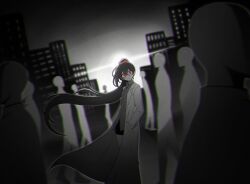  1girl absurdres building carmen_(project_moon) closed_mouth coat collared_shirt crowd floating_hair green_shirt hands_in_pockets high_ponytail highres lab_coat lapels limbus_company lobotomy_corporation long_hair looking_at_viewer misg1111 muted_colors notched_lapels ponytail project_moon shirt smile spot_color staring sun very_long_hair white_coat 