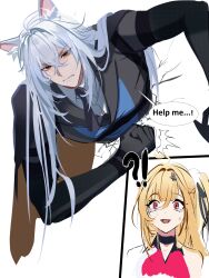  !? 1boy 1girl absurdres ahoge animal_ear_fluff animal_ears bare_shoulders black_gloves black_jacket black_necktie blonde_hair blue_jacket cat_boy cat_ears cissia_(zenless_zone_zero) clenched_hand commentary crack cracked_wall crossed_bangs english_commentary english_text gloves grey_hair hair_between_eyes hair_ornament highres jacket lifillu multicolored_jacket necktie open_mouth parted_lips pom_pom_(clothes) pom_pom_hair_ornament red_eyes severian_lowell simple_background speech_bubble stuck tearing_up through_wall two-tone_jacket white_background yellow_eyes zenless_zone_zero 