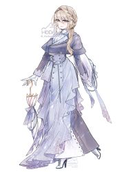  1girl artist_name ascot bead_belt black_shoes blue_capelet brown_hair buttons capelet commentary_request commission dated double-breasted dress eyebrows_hidden_by_hair frilled_dress frills full_body gloves hair_between_eyes hand_on_umbrella hat hat_ribbon high_heels highres hodan_(0w09) holding holding_umbrella holding_unworn_clothes holding_unworn_hat juliet_sleeves lace-up_heels long_dress long_hair long_sleeves looking_at_viewer low_ponytail multicolored_shoes original parted_lips pink_lips planted planted_umbrella ponytail ponytail_over_shoulder puffy_sleeves ribbon shoes sleeve_cuffs sun_hat twitter_username two-tone_shoes umbrella unworn_hat unworn_headwear violet_eyes watermark white_ascot white_background white_gloves white_hat white_shoes 