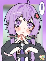  1girl absurdres ahoge black_gloves black_jacket blurry blurry_background blush_stickers border commentary_request crossed_bangs double-parted_bangs gloves hair_intakes highres hinohari_(user_wzxk7585) index_finger_raised jacket long_sleeves looking_at_viewer nail_polish necktie open_clothes open_jacket open_mouth outside_border partially_fingerless_gloves purple_border purple_hair purple_nails purple_necktie short_hair_with_long_locks solo translation_request upper_body violet_eyes vocaloid voiceroid yuzuki_yukari 
