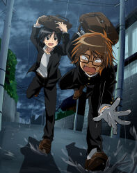  2000s_(style) 2boys anime_coloring arms_up bag bag_on_head bag_over_head belt black-framed_eyewear black_eyes black_hair black_jacket black_pants blush brown_bag brown_belt brown_shoes bush chutaro_gonzade clouds cloudy_sky collarbone commentary constricted_pupils english_commentary falling fang faux_retro_artstyle from_below full_body gakuran glasses gloves high_collar highres holding holding_bag improvised_umbrella jacket loafers looking_at_another looking_at_viewer male_focus medium_hair multiple_boys open_clothes open_jacket open_mouth orange_hair outdoors overcast pants power_lines puddle rain raised_inner_eyebrows randal's_friends randal_ivory reaching reaching_towards_viewer road running satchel school_bag school_uniform shoes sky smile splashing street sweatdrop tsukada_satoru utility_pole water_drop wet wet_hair white_gloves 