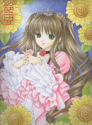  1girl artist_name braid braided_base brown_hair choker closed_mouth colored_pencil_(medium) crown dress flower flower_choker frilled_sleeves frills green_eyes hands_up interlocked_fingers layered_sleeves long_hair long_sleeves looking_at_viewer mini_crown original own_hands_together pink_dress pink_flower pink_rose purple_choker rose silver_crown smile solo sunflower suzumame traditional_media two_side_up two_side_up_with_braided_base upper_body very_long_hair 