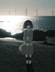  1girl absurdres asahinagi_shio bad_id bad_twitter_id beach black_hair brown_sweater collared_dress day dress gakuen_idolmaster grey_eyes hair_ribbon hataya_misuzu highres holding holding_suitcase horizon idolmaster long_sleeves looking_at_viewer ocean outdoors photo_background ribbon short_hair sidelighting solo standing suitcase sweater unfinished v_arms white_dress wide_shot windmill 