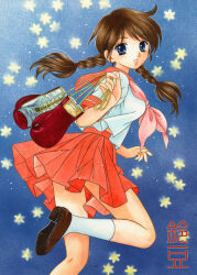  1girl artist_name blue_eyes boxing_gloves braid brown_hair brown_shoes colored_pencil_(medium) foot_out_of_frame gloves hand_up holding holding_gloves holding_unworn_clothes leg_up loafers long_hair looking_at_viewer looking_to_the_side midriff_peek miniskirt neckerchief parted_lips pink_neckerchief pleated_skirt red_sailor_collar red_skirt ring_ni_kakero sailor_collar school_uniform serafuku shirt shoes short_sleeves skirt smile socks solo standing standing_on_one_leg star_(symbol) suzumame takane_kiku traditional_media twin_braids unworn_gloves white_shirt white_socks 